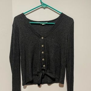 Button and Tie Gray Loose-fitted Sweater.